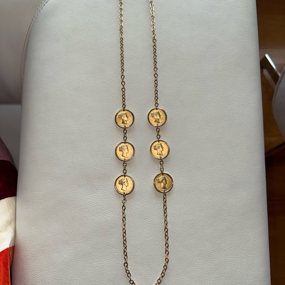 Classic Monet Gold Tone 6 Coin Necklace Excellent Condition 34”